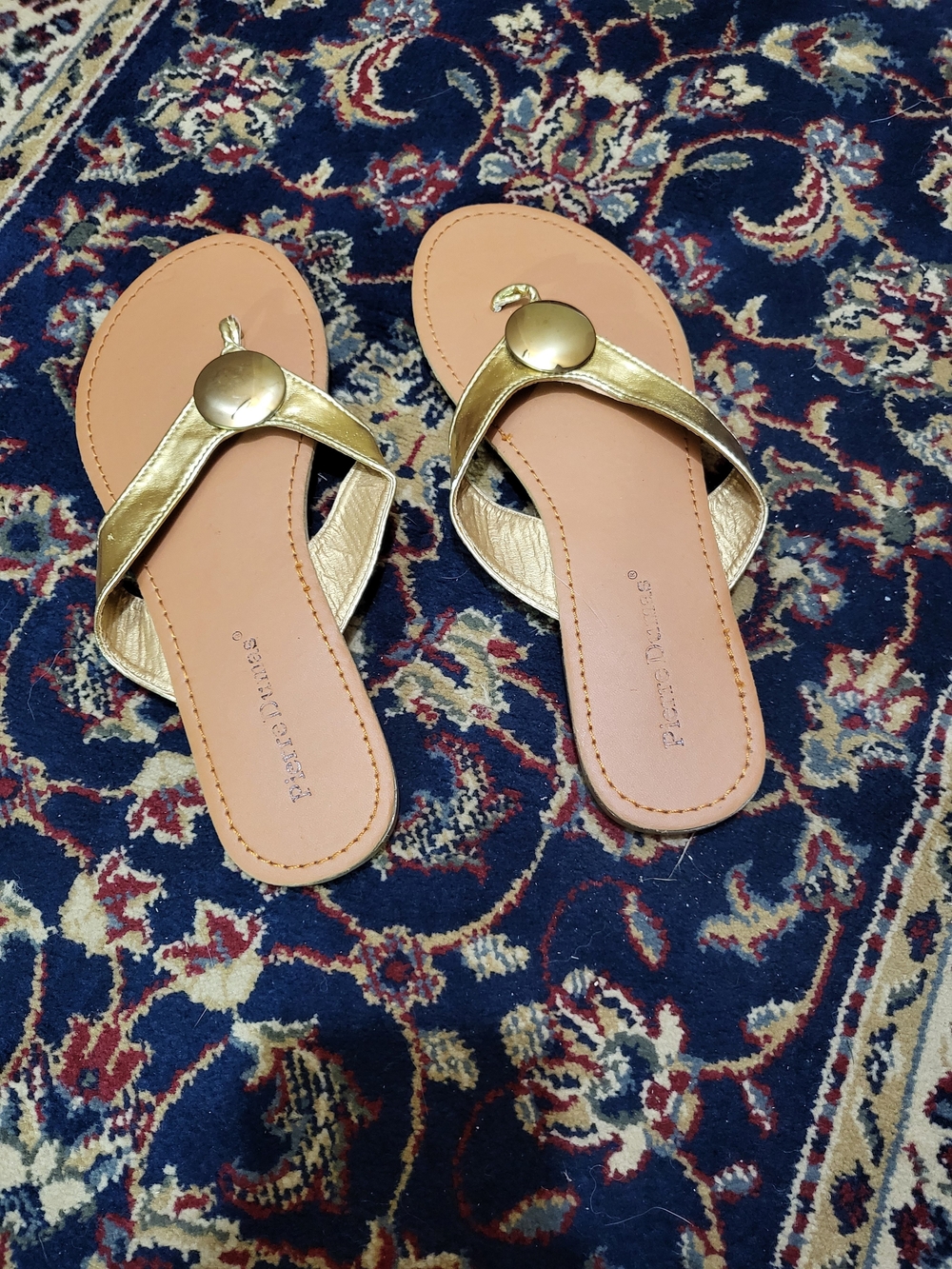 Pierre Dumas Gold Thong Sandals with Accent Button - Women's Size 7